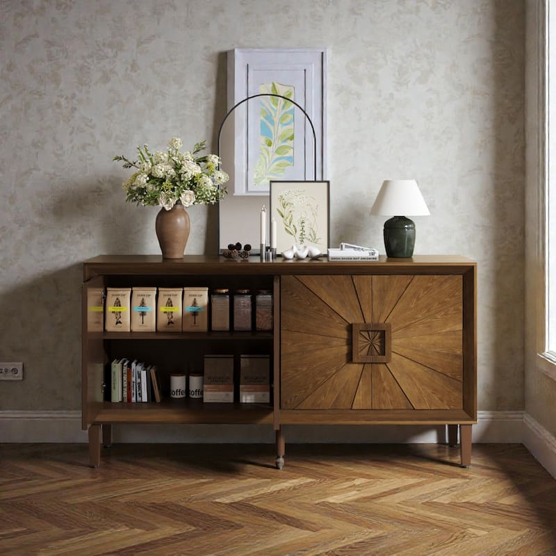 60'' Rustic American Farmhouse Credenza with Sunburst Doors, Antique Wood TV Stand with Adjustable Shelves