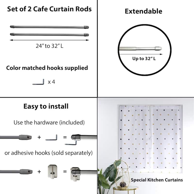 Small Flat Cafe Curtain Rod Adjustable Set of 2