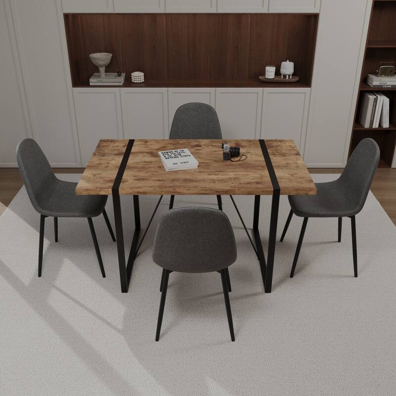 Modern Style 5-Piece Dining Set with Rectangular MDF Dark Wood Table and 4 Round Corner Suede Dining Chairs