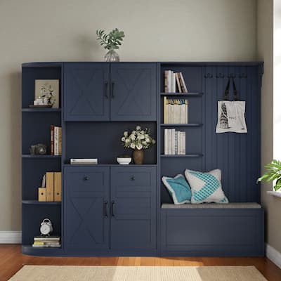 Modular Hall Cabinet & Hall Tree, Left-Right Set with 4 Hooks, L-Shape or Separate, Entryway Storage, 79.1 x 15.4 x 66.1 in