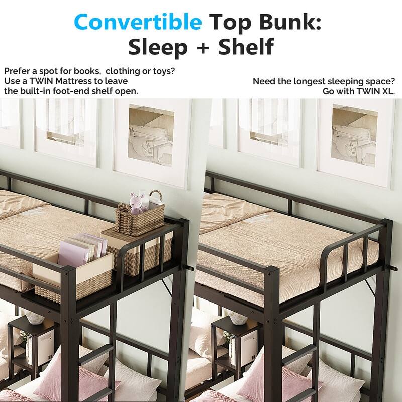 Metal Triple Bunk Bed Twin Over Twin Over Twin,3 Bunk Beds with Shelves for Kids,Teens and Adults,Heavy Duty,Black