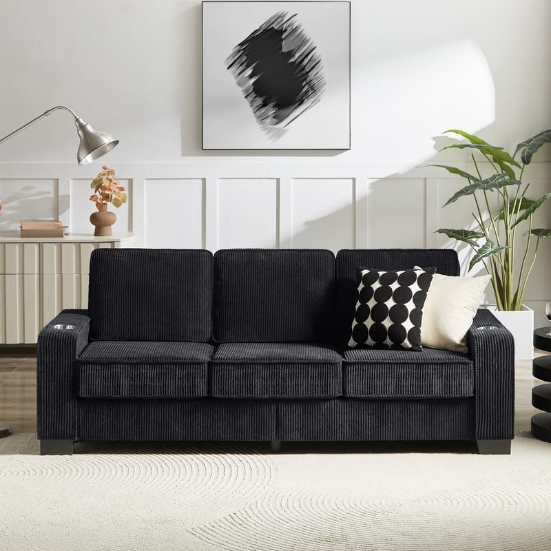 83.86" Modern Corduroy 3-Seater Sofa with Cup Holders - Cozy Fabric Couch for Living Room, Bedroom, or Office