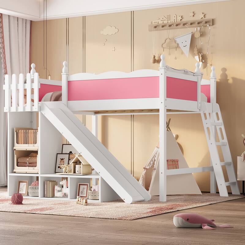 Fun Play Loft Bed for Kids with Open Shelves and Wardrobe, Solid Wood Storage Bed Frame with with Detachable Slide and Ladder