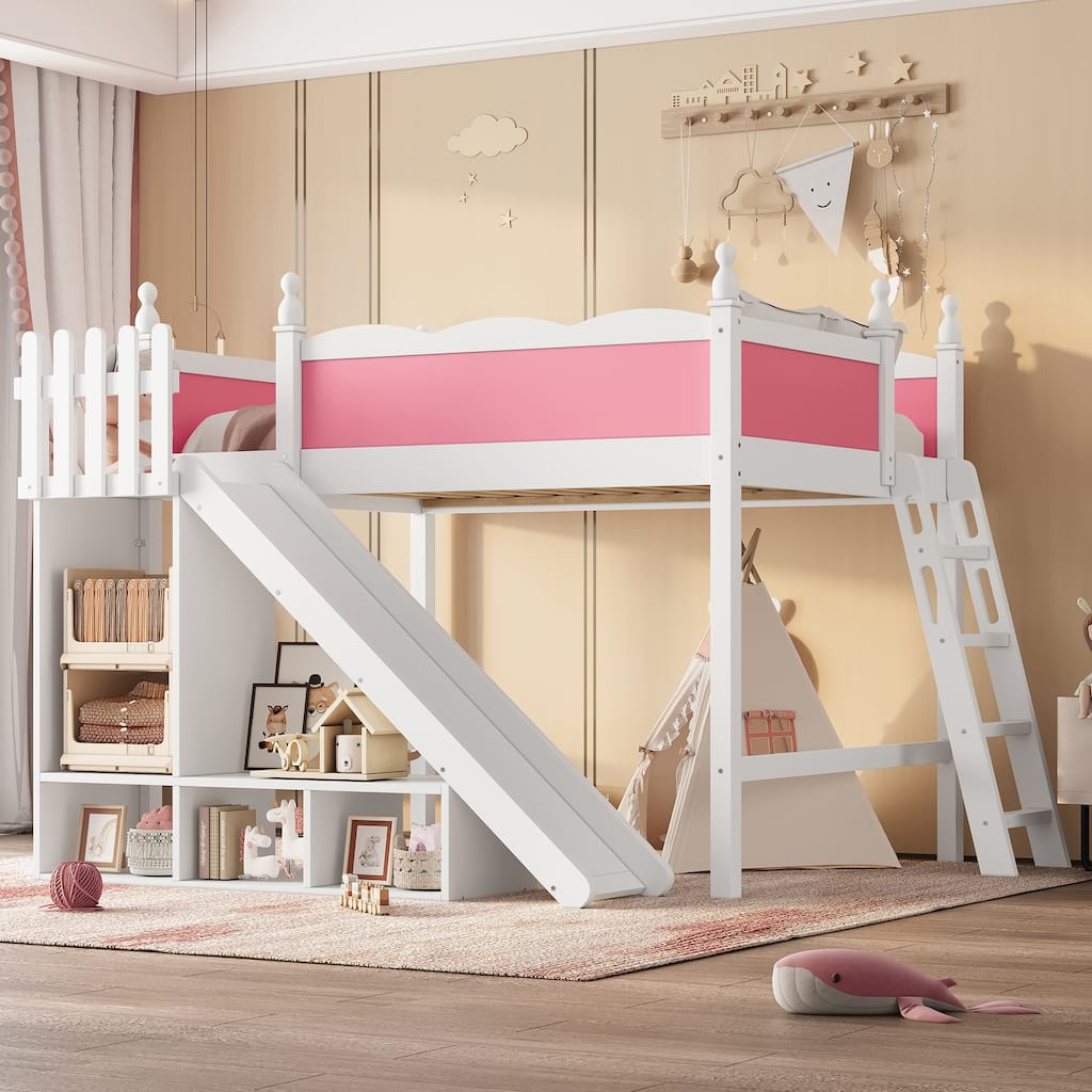 Queen/Full Size Solid Wood Loft Bed with Slide, Storage Shelves, Cabinet, Ladder & Play Area, No Box Spring Needed