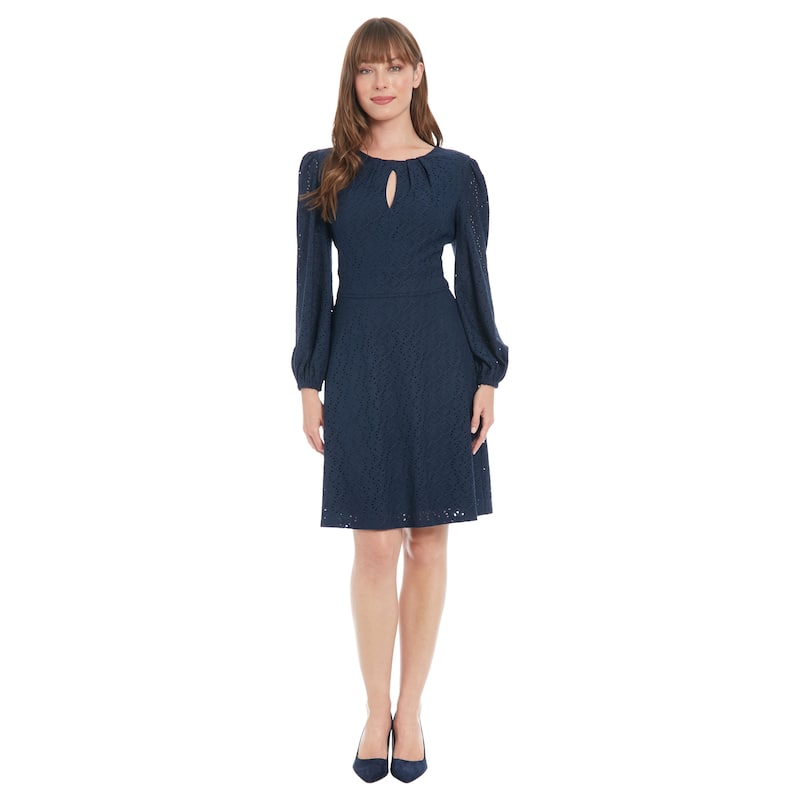 Women's Long Sleeve A-Line Dress with Keyhole Neckline - Embroidered Wedding Guest Dresses