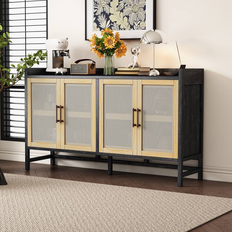 Rattan Sideboard Buffet Storage Cabinet Console Table, Black+Natural