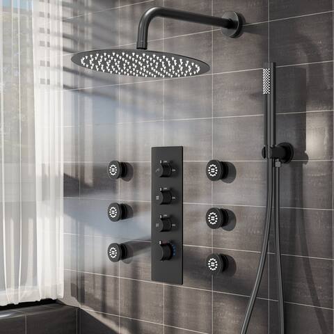 12" Wall Rainfall Shower 3 Way Thermostatic Faucet System w/ 6 Body Jets, All Functions Use Together