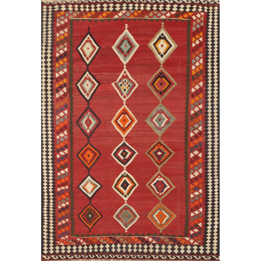 Kilim Qashqai Persian Vintage Rug Flatweave Orange Wool Carpet - 5'4" x 7'11"