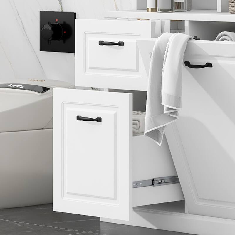 White MDF Tall Bathroom Cabinet with Tilt-Out Hamper and Adjustable Shelves - 39.3” W × 16.50” D × 70.9” H