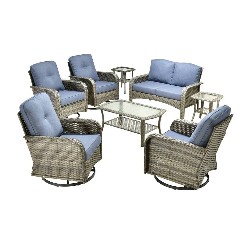 HOOOWOOO 8-piece Wicker Rattan Outdoor Furniture Patio Swivel Chair Set
