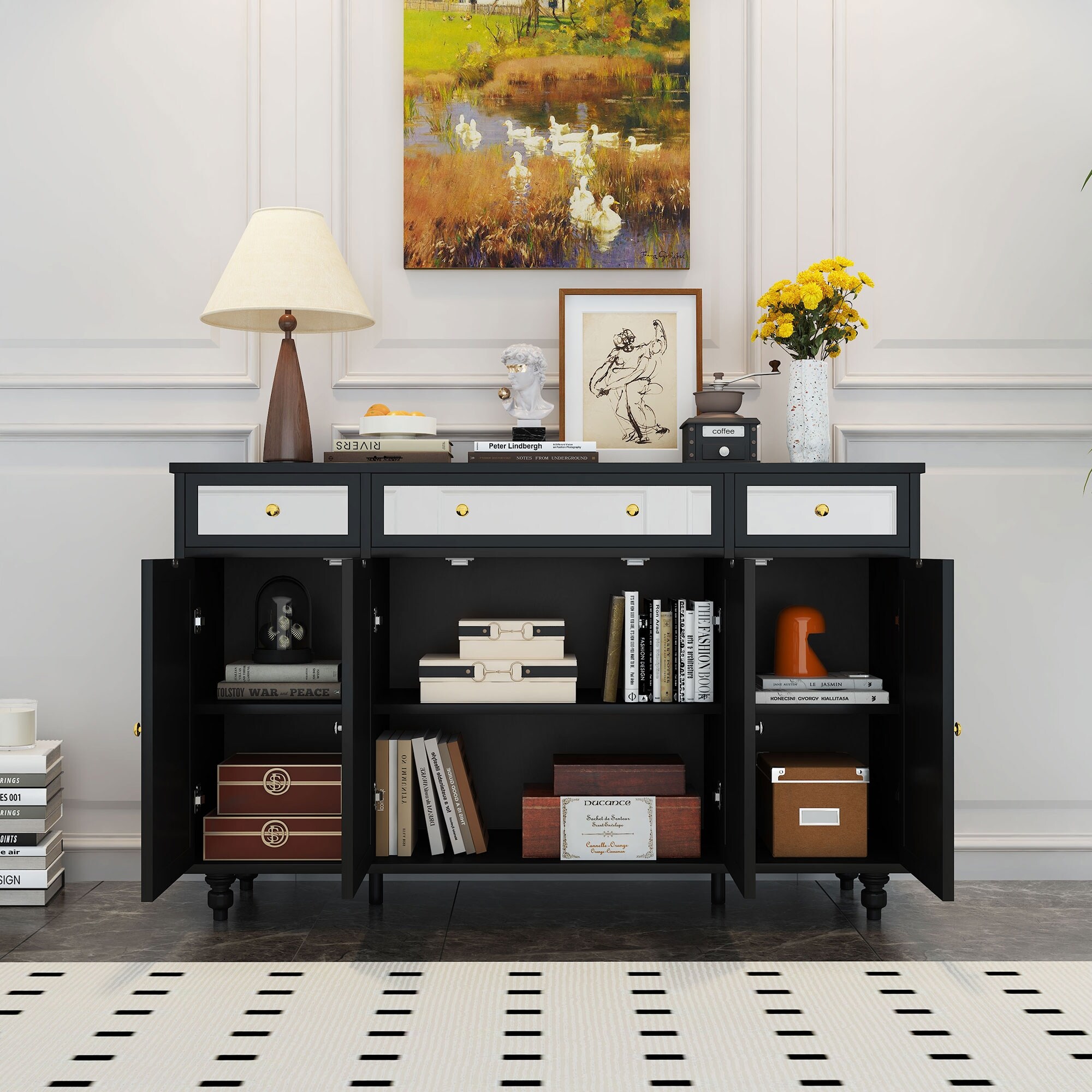 Console Table Bar Sideboard with 4 Mirror Doors & 3 Drawer Bed Bath & Beyond 39494859