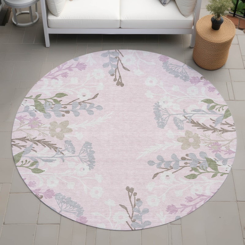 Machine Washable Indoor/ Outdoor Floral Border Chantille Rug - Pink - 8' x 8'