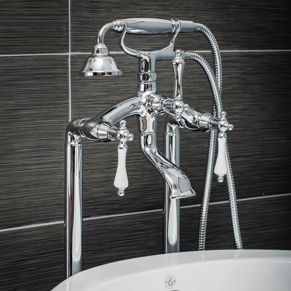 Pelham & White Luxury Tub Filler Faucet, Vintage Design, Floor Mount Installation, Porcelain Handles, Polished Chrome Finish