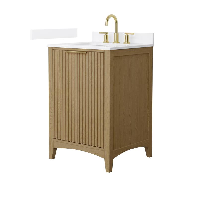 Wyndham Collection WCF9191-24S-QTZ-US3MXX Palmilla 24" Free Standing - Natural Oak / White Quartz Top / Brushed Gold