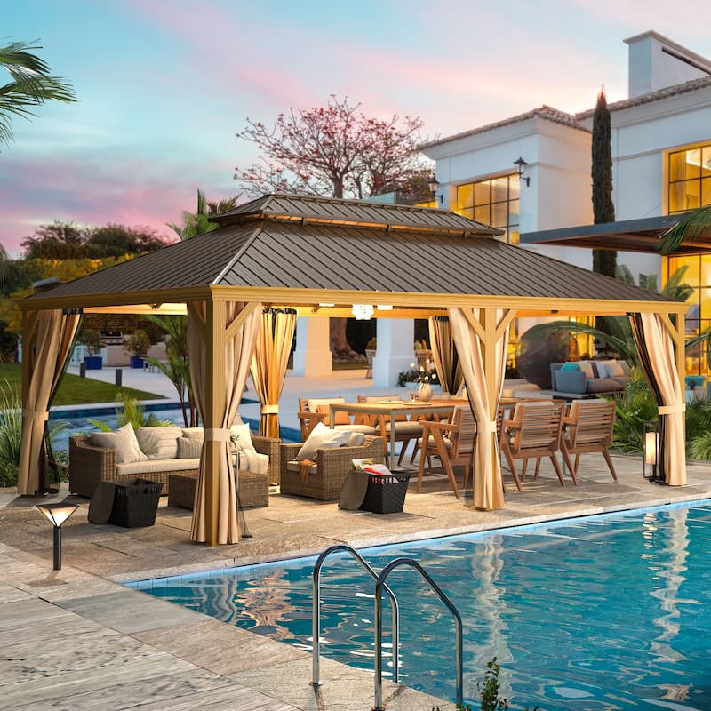 EROMMY 14x22 Outdoor Pergola Gazebo w Galvanized Steel Roof, Wood-Finished Aluminum Frame, and Included Curtains and Nettings