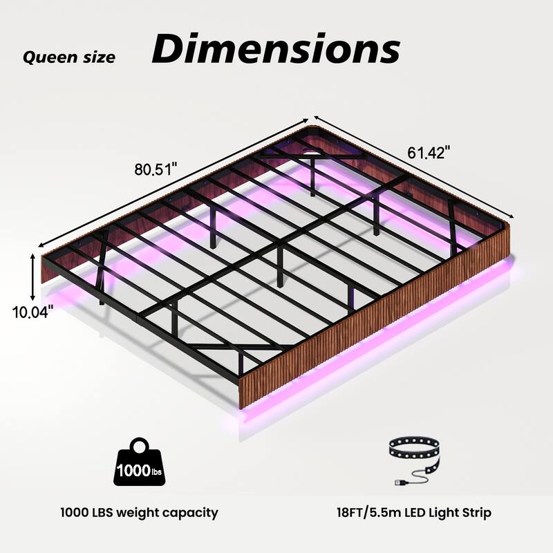 Queen Floating Bed Frame with LED Lights, Wave Curve Wood Texture, Heavy Duty Metal Slats - No Box Spring Needed