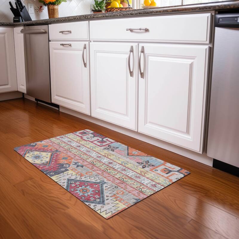 Machine Washable Indoor/ Outdoor Boho Tribal Chantille Rug