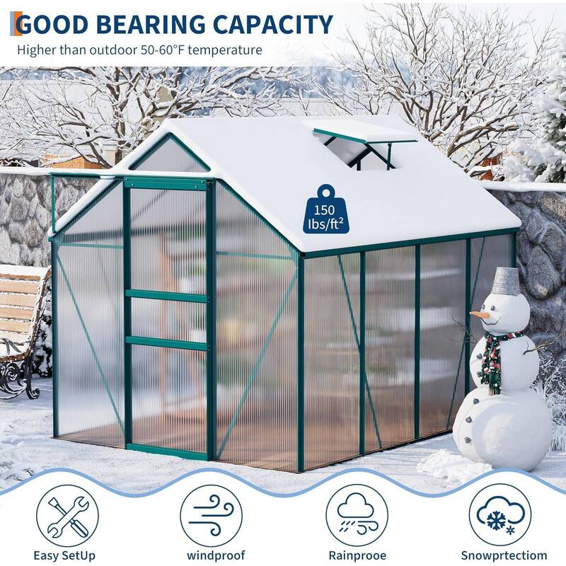 6 x 8 FT Winter Polycarbonate Greenhouse for Outdoors Gardening, Green