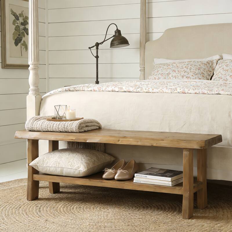 55" Solid Wood Dining Bench with Storage Shelf