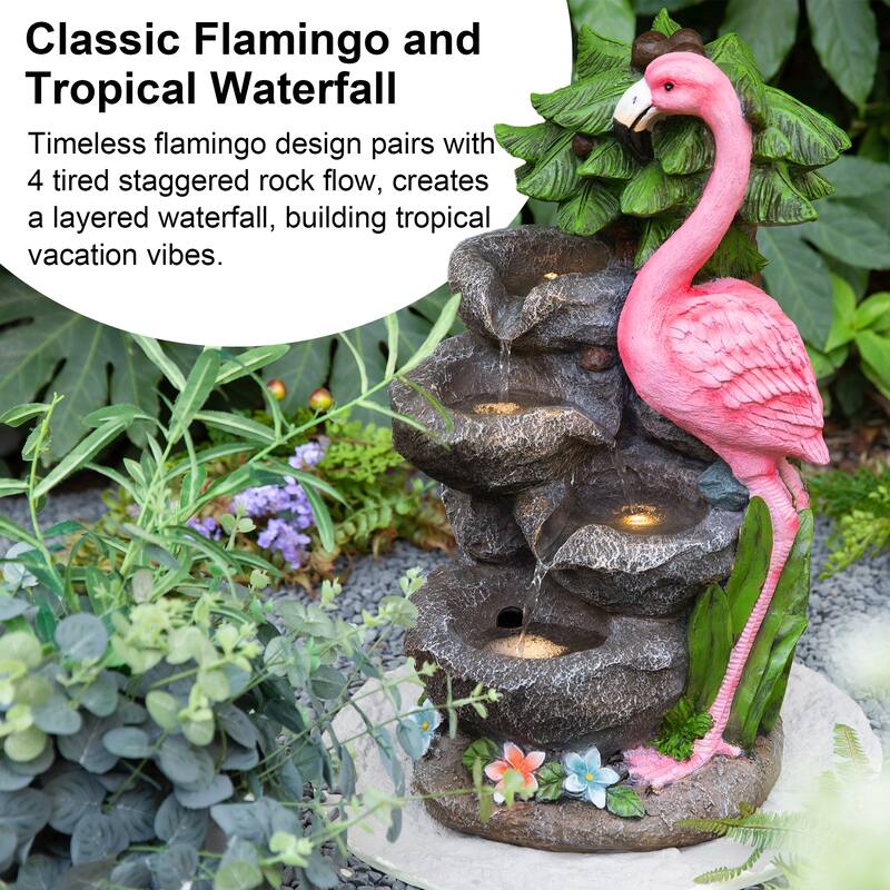 Glitzhome 23.5"H 4-Tiered Flamingo Polyresin Stone Outdoor Fountain with Lights