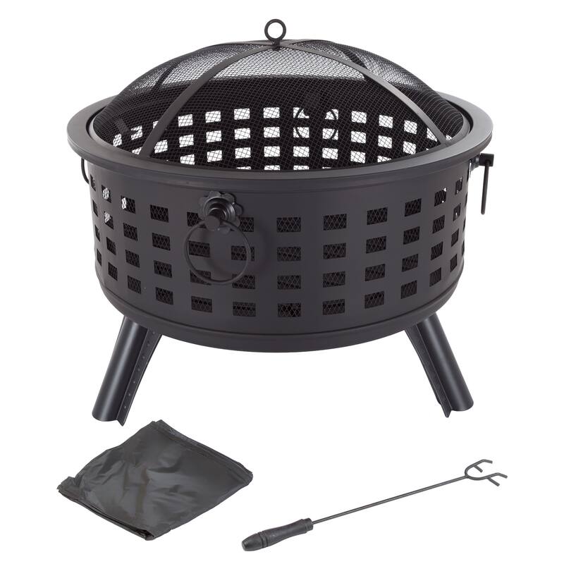 Fire Pit Set, Wood Burning Pit - Includes Spark Screen and Log Poker 26" Round Metal Firepit by Pure Garden - 26 x 26 x 24