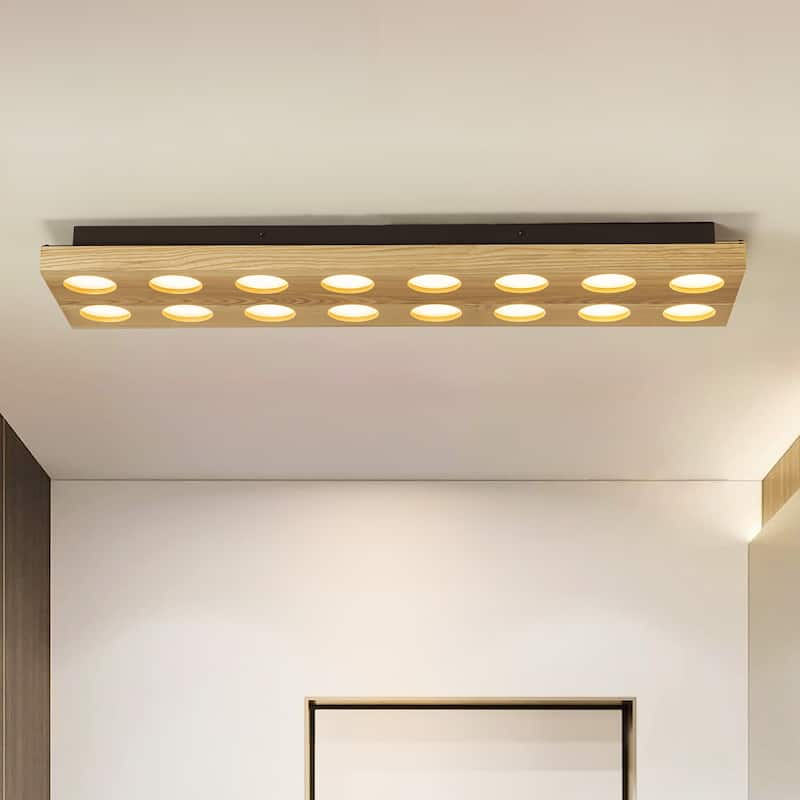 31.5" 16-Light Modern Minimalist Rectangle Wood Integrated LED Flush Mount Ceiling Light for Bedroom, Living Room