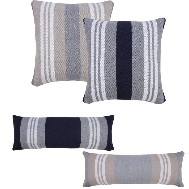 20" White and Blue Double Striped Square Throw Pillow