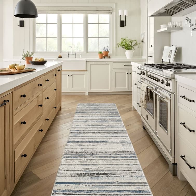 Modern Minimalist Striped Area Rug - Blue/Grey/Cream - Runner 2'8" x 7'3"