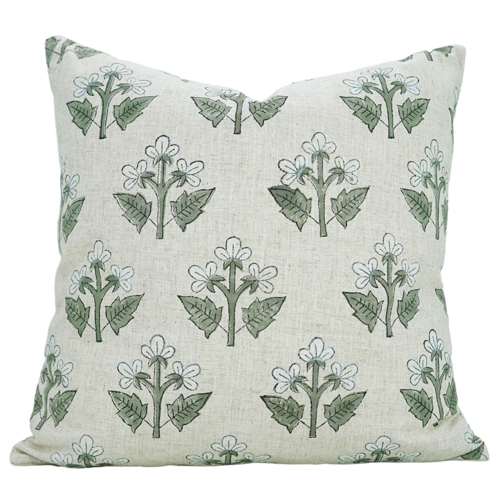 Fabdivine Viscose Linen Floral White or Green Cushion Cover Handmade Block Print, Chahat