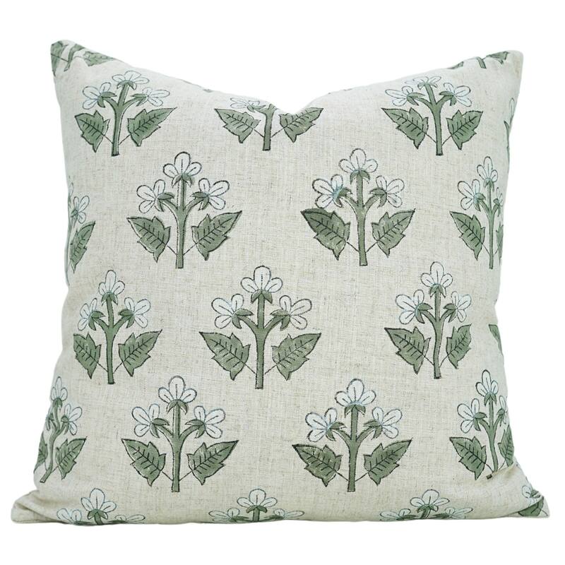 Fabdivine Viscose Linen Floral White or Green Cushion Cover Handmade Block Print, Chahat - Pillow Covers - 20" x 20" - White, Green