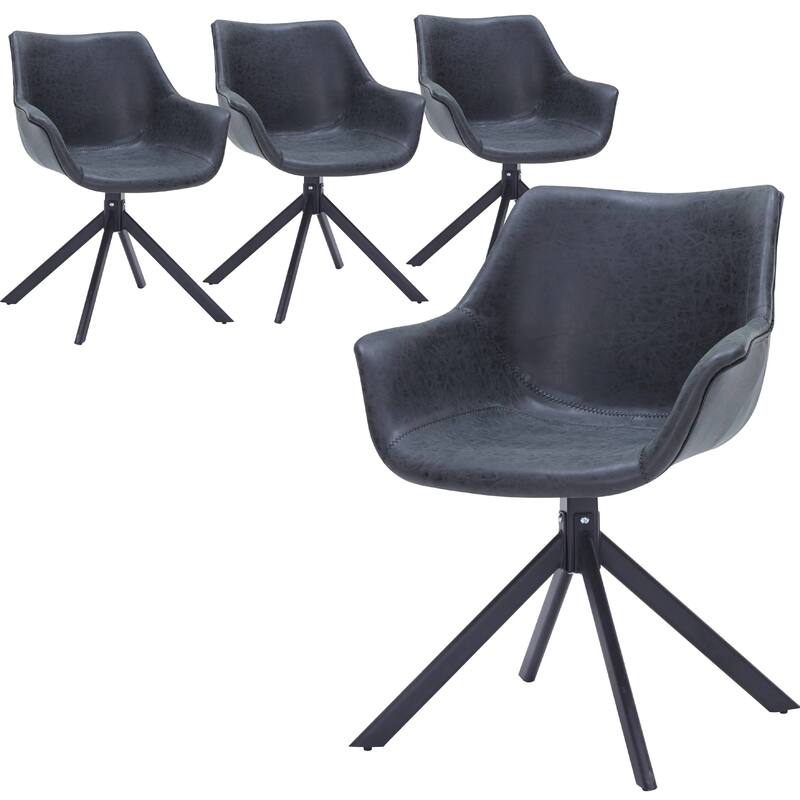 Markley Leather Swivel Dining Armchair with Black Iron Base - Accent Dining Chair for Kitchen and Dining Room Set of 4 - Black