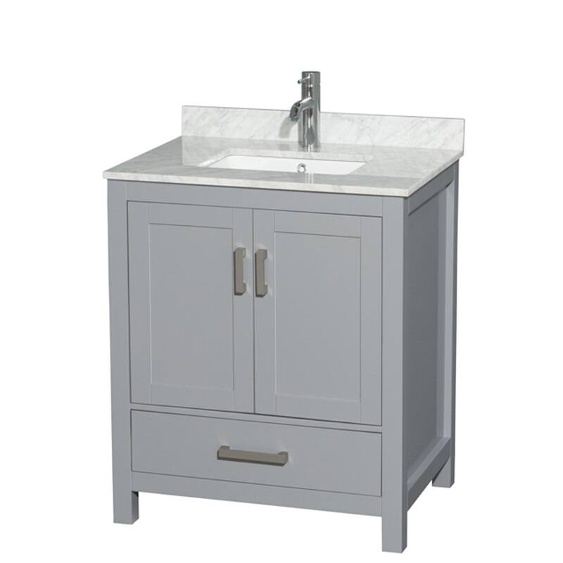 Wyndham Collection Sheffield 30" Freestanding Vanity Set with Hardwood - Gray / White Carrara Marble Top - Ash Finish