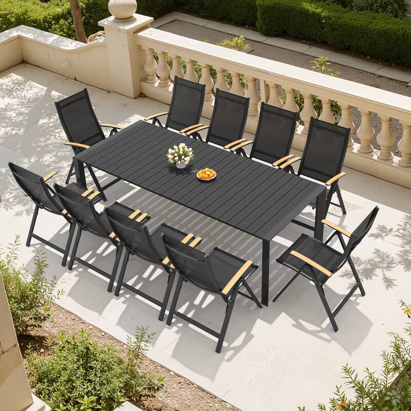 7/9/11-Piece Outdoor Dining Set Patio Aluminum Dining Table and Adjustable Folding Chairs - Black - Set of 11