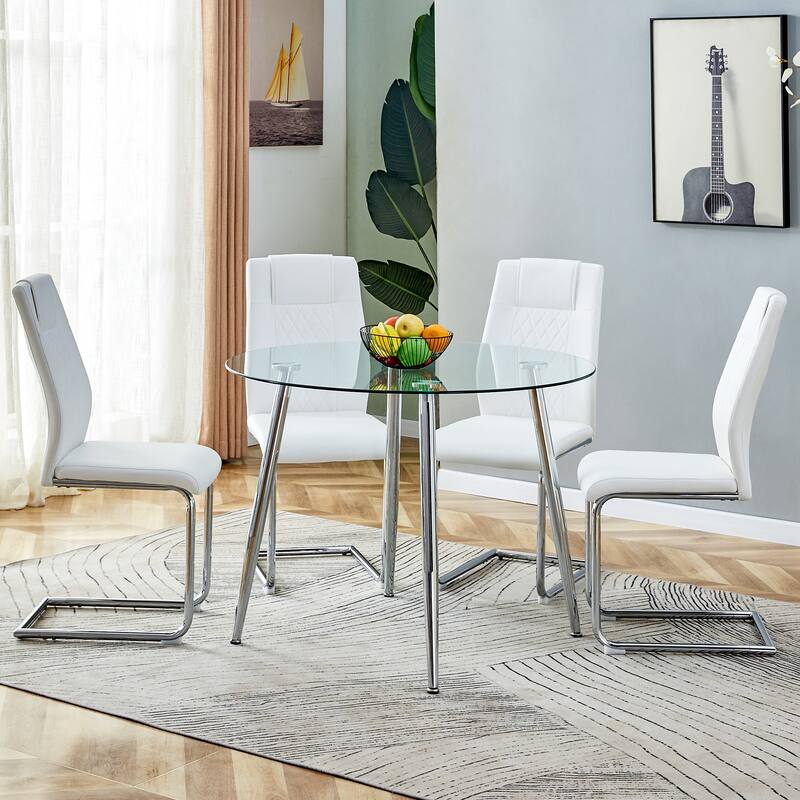 Modern 5-Piece Dining Set with Round Glass Top & 4 PU Upholstered Chairs