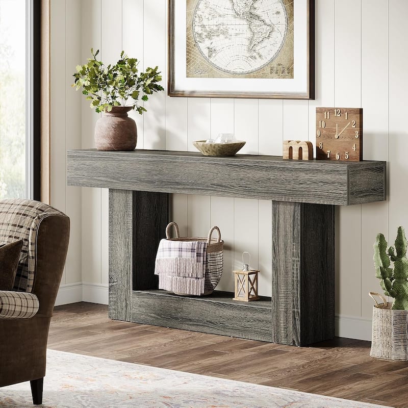 63" Long Console Table, Farmhouse 2-Tier Entryway Table with U-Shaped Base - 63" W x 11.8" D x 32.3" H