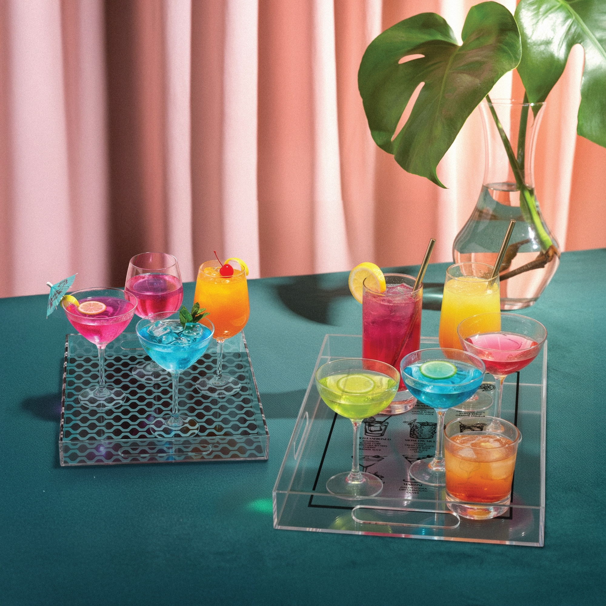 American Art Decor 2-pc Acrylic Serving Tray Set with Handles - Cocktail Guide & Retro - 10" x 14"