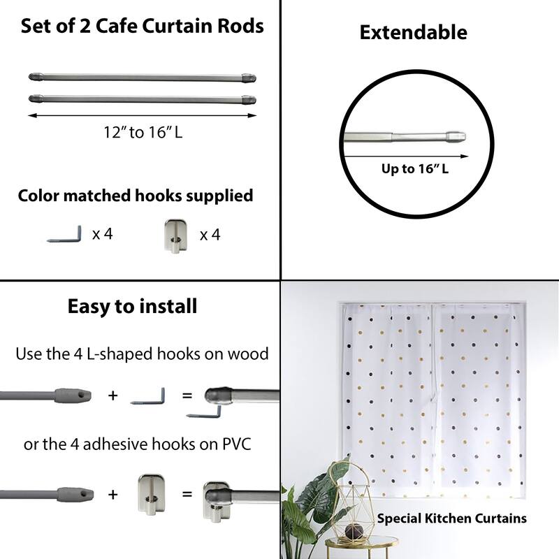 Bundle 2 Cafe Curtain Rods with 4 Self Adhesive Matching Hooks