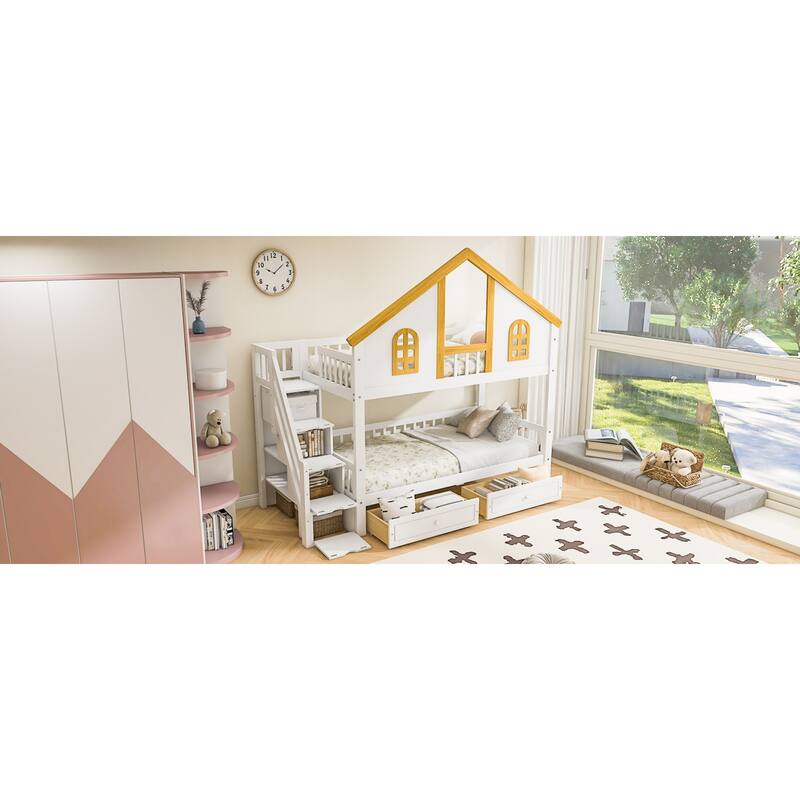 Roomfitters Twin Over Twin/Full Over Full House Bunk Bed with Window, Roof and Storage Staircase, White and Natural
