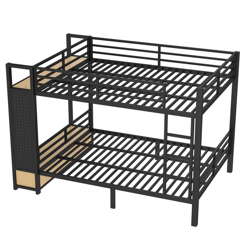 Roomfitters Full/Queen Metal Bunk Bed with Storage Shelves, Drawers & Pegboard, Space-Saving Heavy-Duty Frame, Black