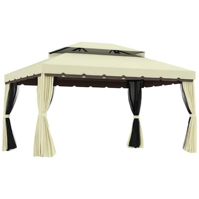 12.8 Foot Outdoor Gazebo Cream White and Brown Aluminum Frame Polyester Roof with Mesh Netting