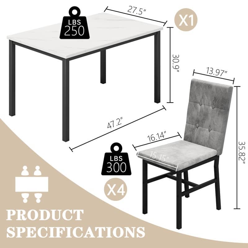 Grondin Modern Style 5 Pieces Dining Table Set For 4, Faux Marble Dining Room Table Set With 4 Upholstered Dining Chairs