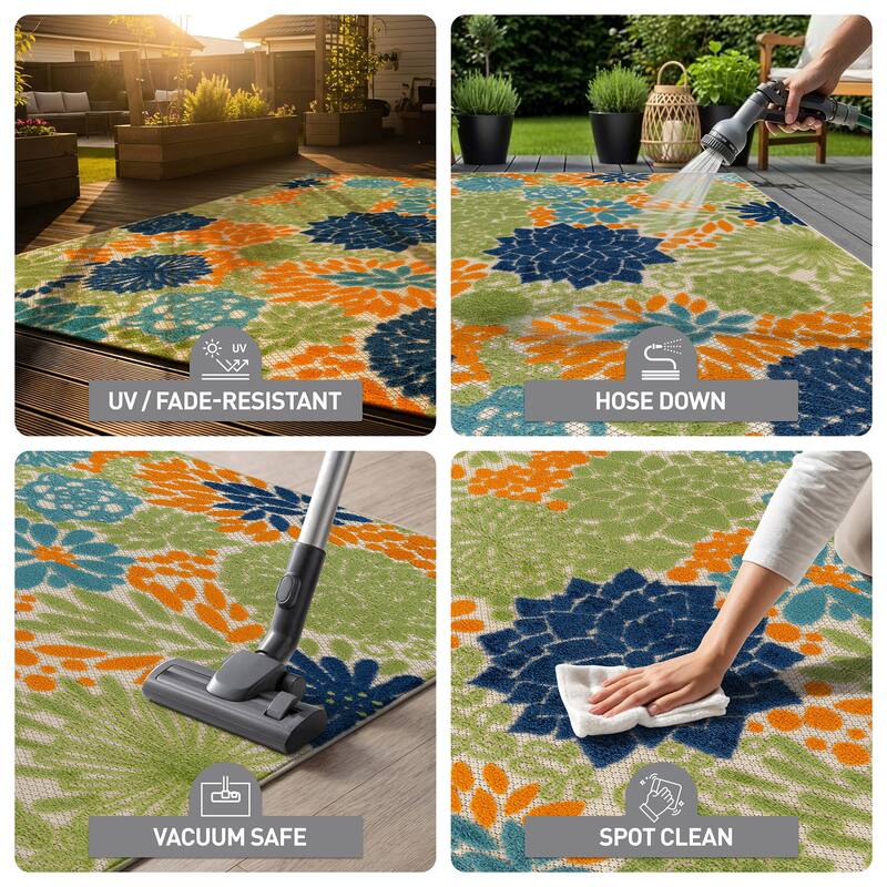 World Rug Gallery Indoor/Outdoor High-Low Textured Area Rug, Floral, Easy-Clean Patio Rug