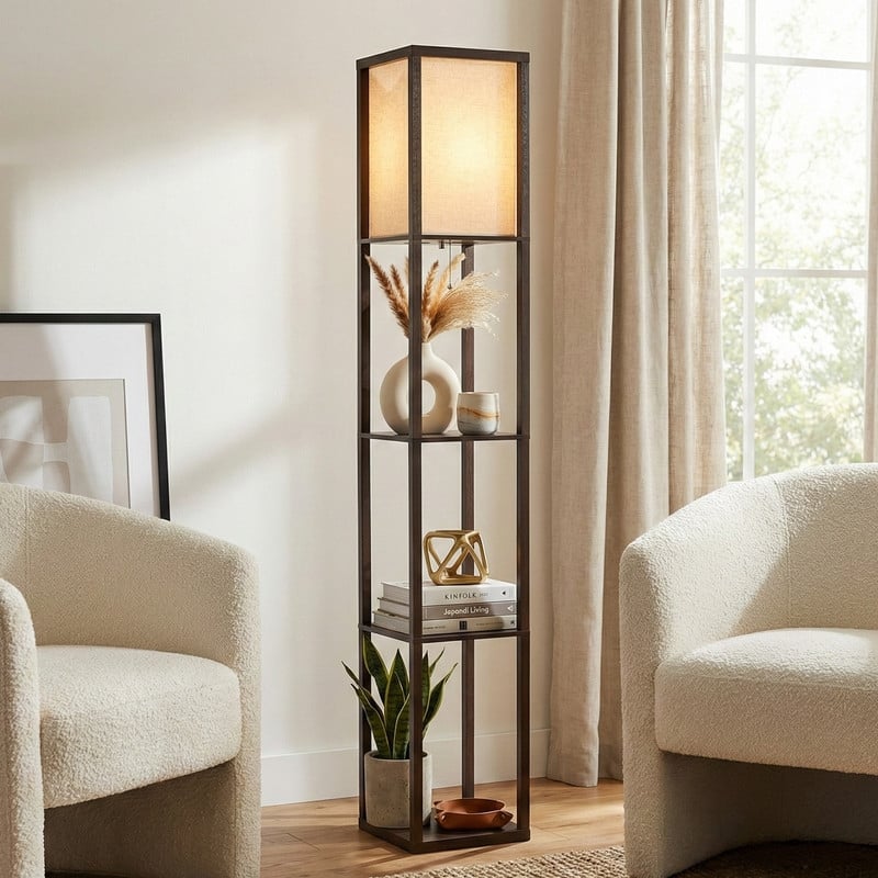 Brightech Maxwell 63 in. Havana Brown Traditional LED Super Bright 3-Shelf Floor Lamp with White Fabric Square Shade