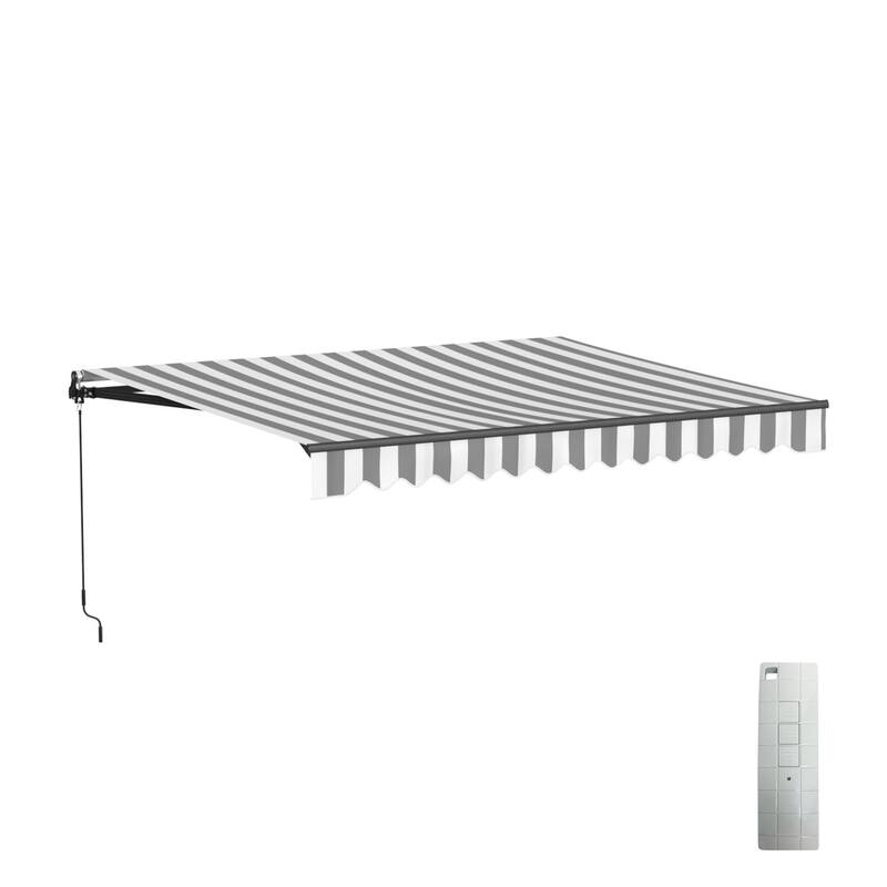 ALEKO Caribbean Motorized Retractable Patio Awning - Black Frame - Seagull Gray & White Striped - 13 x 10 Feet