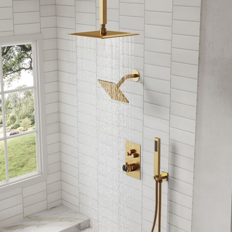 Thermostatic Shower Faucet, 12" High-Pressure Dual Showerheads System with Rough-In Valve
