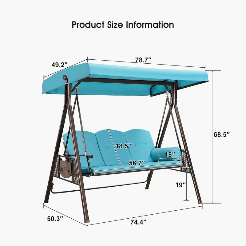 PURPLE LEAF Outdoor Patio Porch Swing with Stand, 3-seat Swing Chair with Adjustable Tilt Canopy All-Weather Steel Frame