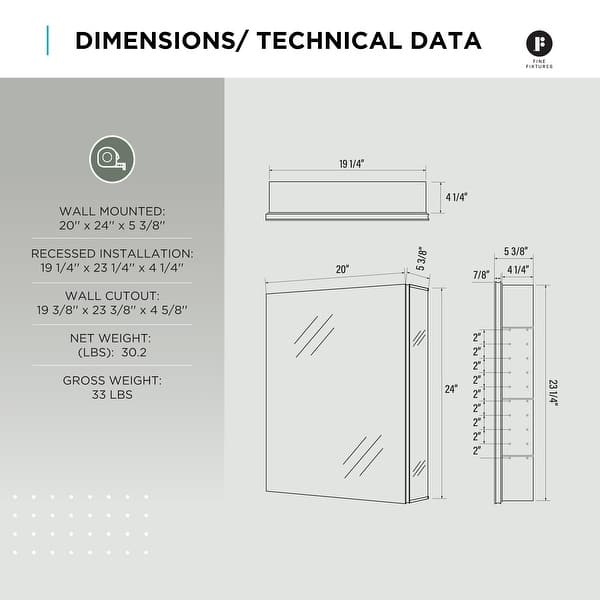 dimension image slide 5 of 15, Bathroom Medicine Cabinet, Aluminum, Recessed/Surface Mount, Right/Left Hinged, Mirrored Interior