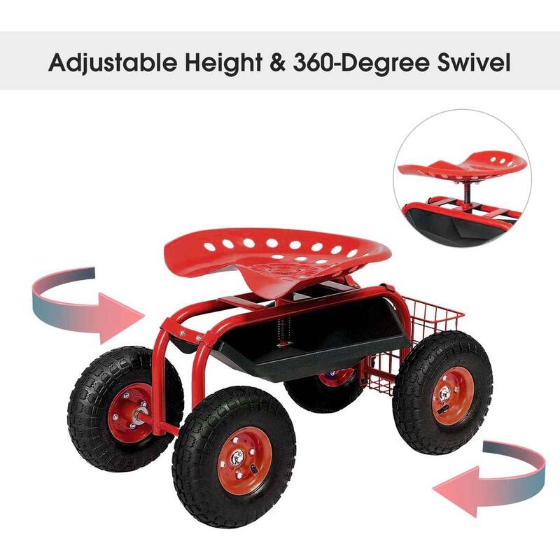 Rolling Gardening Chair Cart with Wheels, 360 Swivel Rolling Scooter - 42.5"Lx17.7"Wx22.4“H