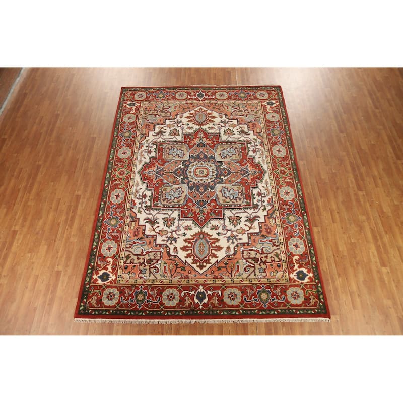 Hand Knotted Oriental 100% Wool Carpet Traditional Medallion Beige & Ivories Heriz (serapi) Area Rug - 11' 9'' X 8' 6''