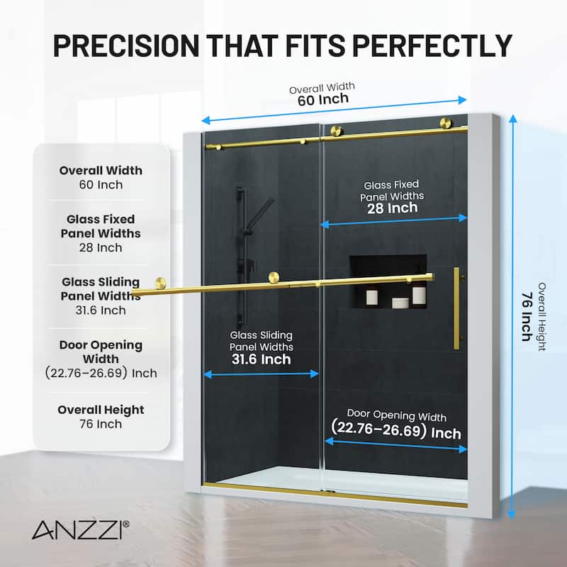 Mountain 60-inch Reversible Frameless Sliding Deco-Glass Shower Door with Soft-Close System